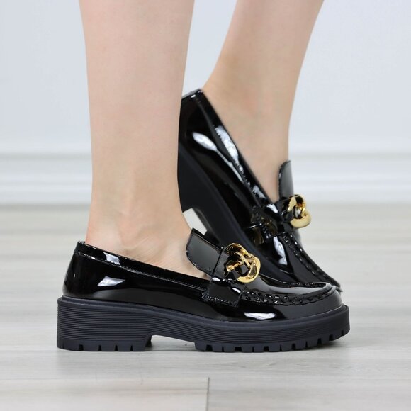 Womens Chunky Penny Loafer Lug Sole Slip On Platform Black Patent Gold Chain - Picture 10 of 15
